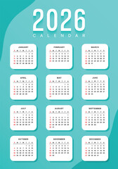 Vector Blue 2026 Year Calendar Printable Template