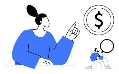 Woman gestures toward dollar sign while man inspects with magnifying glass. Ideal for finance, analysis, money management, savings, strategy, economy, decision-making. Simple flat metaphor