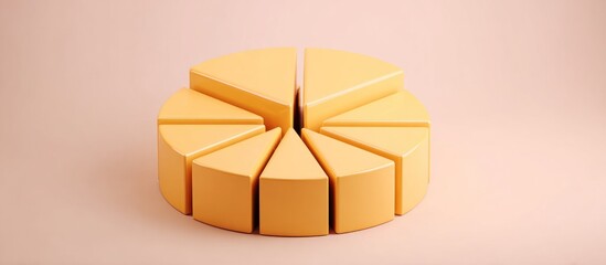 A wheel of cheese sliced into wedges on a plain background.