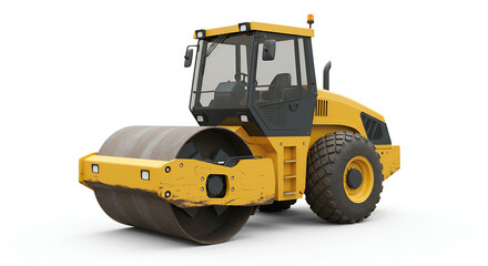 Yellow road roller heavy machine used for leveling roads, shown on a clean white background.