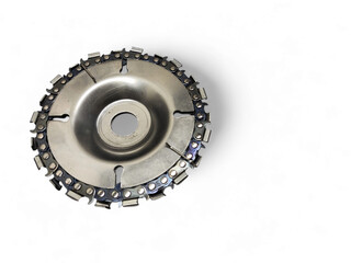 Metal chainsaw disc grinder blade attachment, featuring a chain wrapped around the cutting edge, used for woodworking, isolated on a white background.