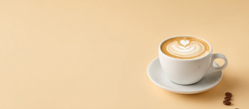A white cup of cappuccino with latte art on a saucer with coffee beans. - Powered by Adobe