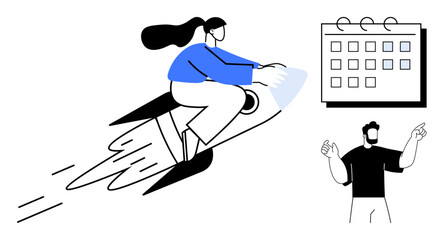 Woman riding a rocket symbolizing acceleration, aiming at a calendar, with a man gesturing below. Ideal for productivity, goal-setting, leadership, innovation, success, time management inspiration