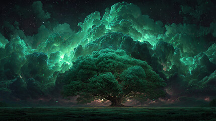 A cosmic cloud twists into the shape of an emerald tree, glowing against the dark expanse of space, blending nature and the universe in a surreal, luminous scene.
