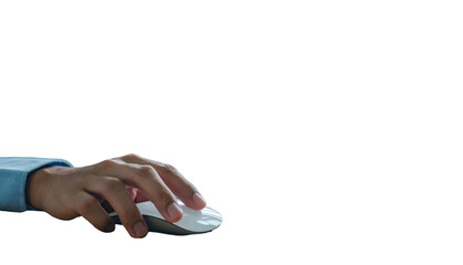 Hand rests on a white computer mouse, operating on a black background, close-up