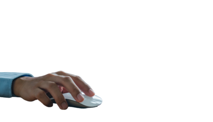 Hand rests on a white computer mouse, operating on a black background, close-up