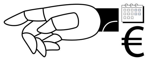 Robotic hand pointing near euro sign and calendar, symbolizing technology in financial management and planning. Ideal for AI, finance, automation, economy, scheduling, innovation, digital tools