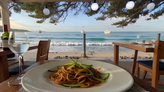 serving of pasta combined with saut&eacute;ed zucchini in the style of a coastal Italian dish  presented at a restaurant located near the