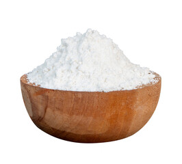 flour in a wooden bowl on white background isolated