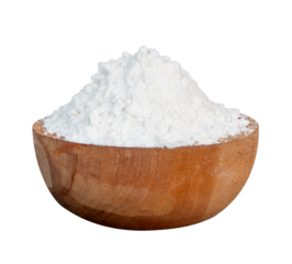flour in a wooden bowl on white background isolated