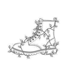 Flat black and white outline of a lace-up boots with vines twisting around