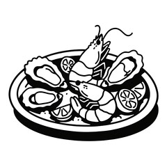 Flat black and white line illustration of a seafood platter with shrimp, oysters, and lemon slices