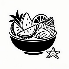 Flat black and white line illustration of a bowl of tropical fruit salad with ocean shells beside it