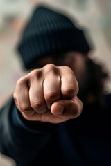 A person with a beanie raises their fist forward, conveying strength and resolve in a low-light setting filled with muted tones. Generative AI.