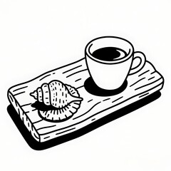Flat black and white line illustration of a driftwood tray with seashell cup of espresso