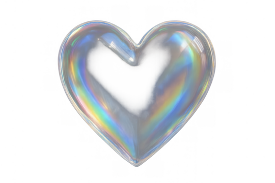 Heart shaped bubble showing iridescent rainbow colors, transparent on a clear background, representing love and romance