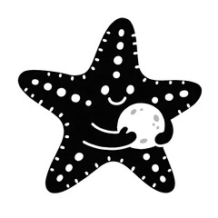 Flat black and white illustration of a starfish holding a small snowball