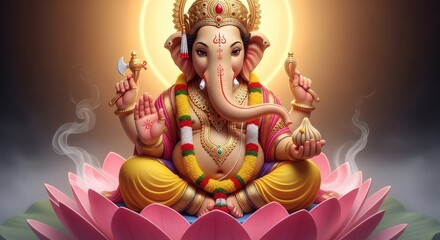 Colorful Lord Ganesha on Pink Lotus with Divine Golden Halo and Offering