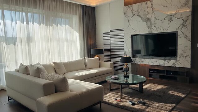 Contemporary and Opulently Appointed Lounge Area Featuring a Beige Colored Sofa  a Central Coffee Table Positioned on a Plush Carpet  a Television Mounted on a Marble Feature Wall Bathed in Sunlight