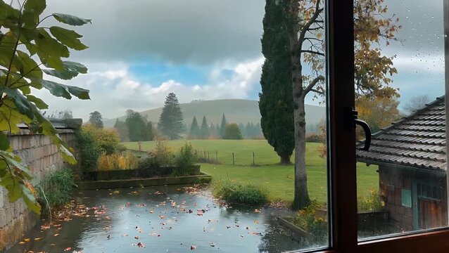 Scenic Vista Observed Through a Window Pane Following the Conclusion of a Severe Weather Event During the Warmest
