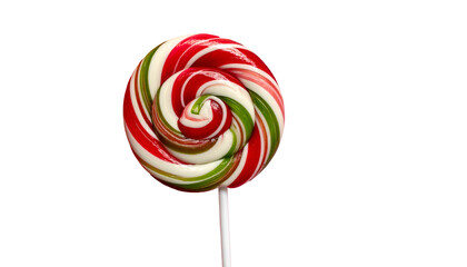 A festive, swirled lollipop, featuring red, green, and white stripes, on a stick against black