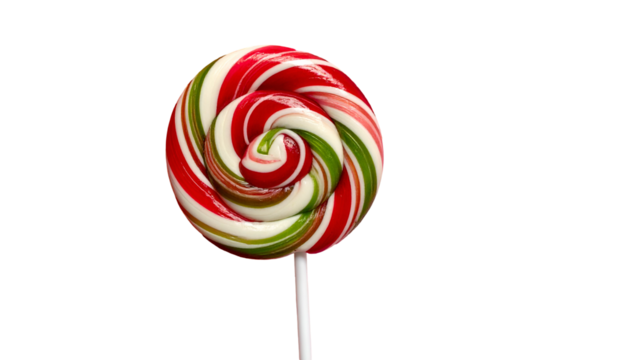 A festive, swirled lollipop, featuring red, green, and white stripes, on a stick against black - Powered by Adobe