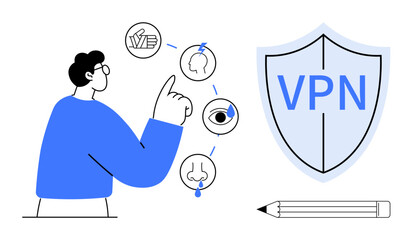 Man pointing at sensory icons representing touch, smell, hearing, and sight, with a VPN shield, pencil nearby. Ideal for cybersecurity, online privacy, protection safety awareness sensory data