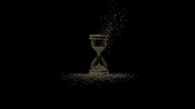Conceptual hourglass disintegrating into sand particles on a dark background, symbolizing passing time, decay, and impermanence.