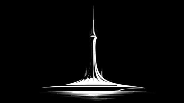 Sleek modern architectural silhouette with a towering spire and reflective base in dramatic black and white. Minimalist design concept.