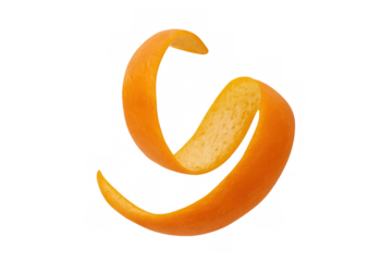 Orange peel curling in a dynamic spiral shape. Fresh citrus zest is a vibrant ingredient for food and drink flavor