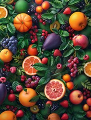 Obraz premium Healthy tropical and seasonal fruit abundance with green leaves