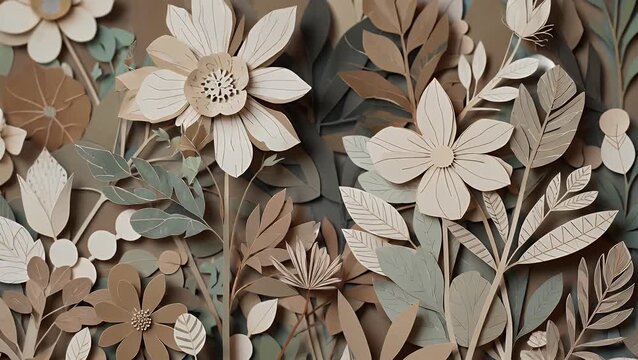 Repetitive and Continuous Two-Dimensional Design Composed of Hand-Drawn Botanical Motifs Including Stems  Petals  and Foliage with Organic Contours and Scissor-Cut Paper
