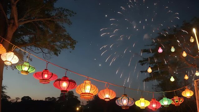 Spectacular Nighttime Scene of Beautifully Lit Traditional Oil Lamps and Bursting Fireworks During a Festival of