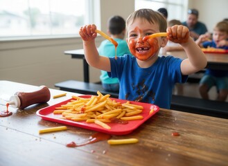 Young boy playing with food making a ketchup mess