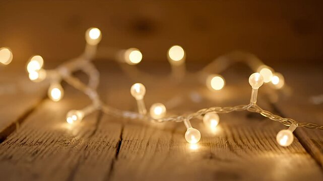 Warm glowing LED string lights softly illuminate rustic wooden textures creating a cozy and inviting festive holiday atmosphere ideal for Christmas decorations 