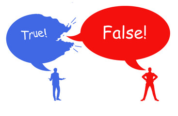 Two men are seen in a debate with one candidate bursting the speech balloon of the other guy caught in a lie.