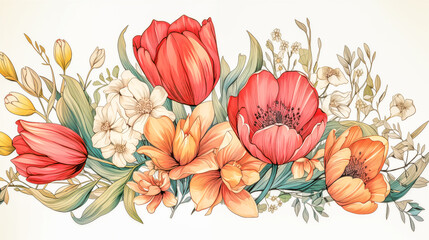 Elegant Floral Illustration with Vibrant Red, Orange, and Beige