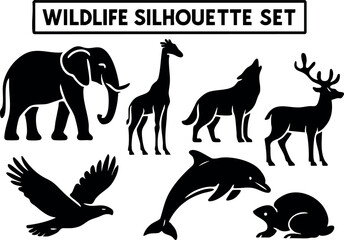 Obraz premium Wildlife silhouette set featuring elephant giraffe wolf deer eagle dolphin turtle collection vector illustration