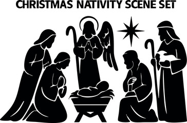 Christmas nativity scene set featuring holy family and angel vector silhouette design for festive decoration and religious celebration