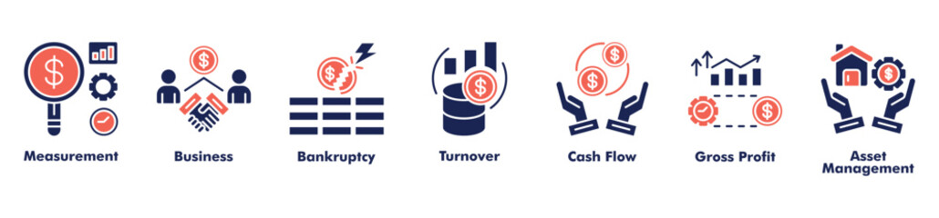 Finance accounting icon set vector consist of measurement, business, bankruptcy, turnover, cash flow, gross profit, and asset management.