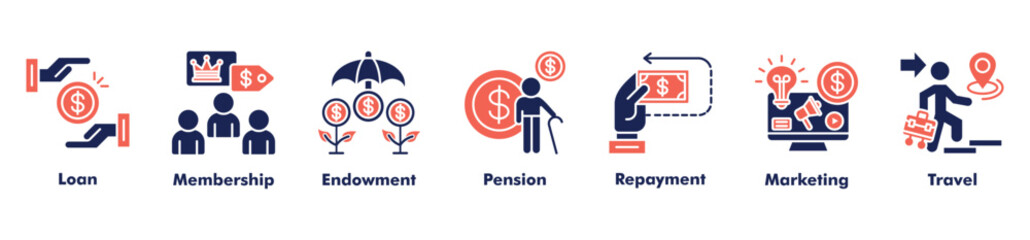 Finance and business icon set vector consist of loan, membership, endowment, pension, repayment, marketing, and travel.