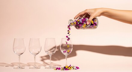 Hand pouring colorful flower petals from jar into glass  