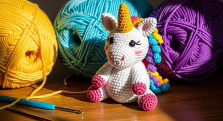 Colorful crocheted unicorn toy next to yarn balls and hook  
