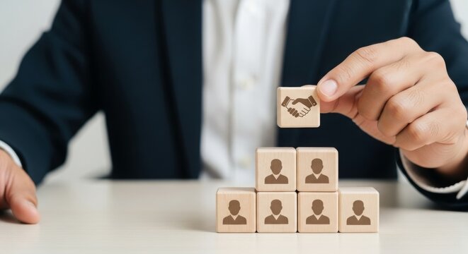 Businessman stacking blocks with partnership and teamwork icons  
