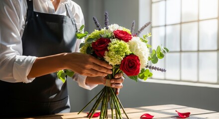 Florist arranging a bouquet of mixed flowers on a wooden table  