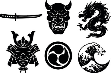 Japanese samurai mask dragon wave sword and helmet traditional symbols vector set for cultural design and illustration