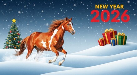 Horse running in snow with Christmas tree and presents for New Year  