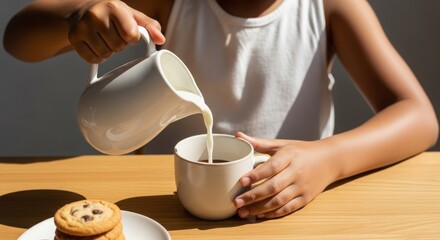 Child pouring milk into cup while sitting at a wooden table with cookies  