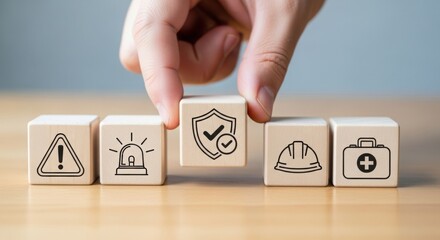 Hand placing security icon on wooden blocks representing safety concepts  