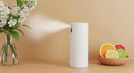 Smart air freshener misting beside a vase of flowers and fruit bowl  